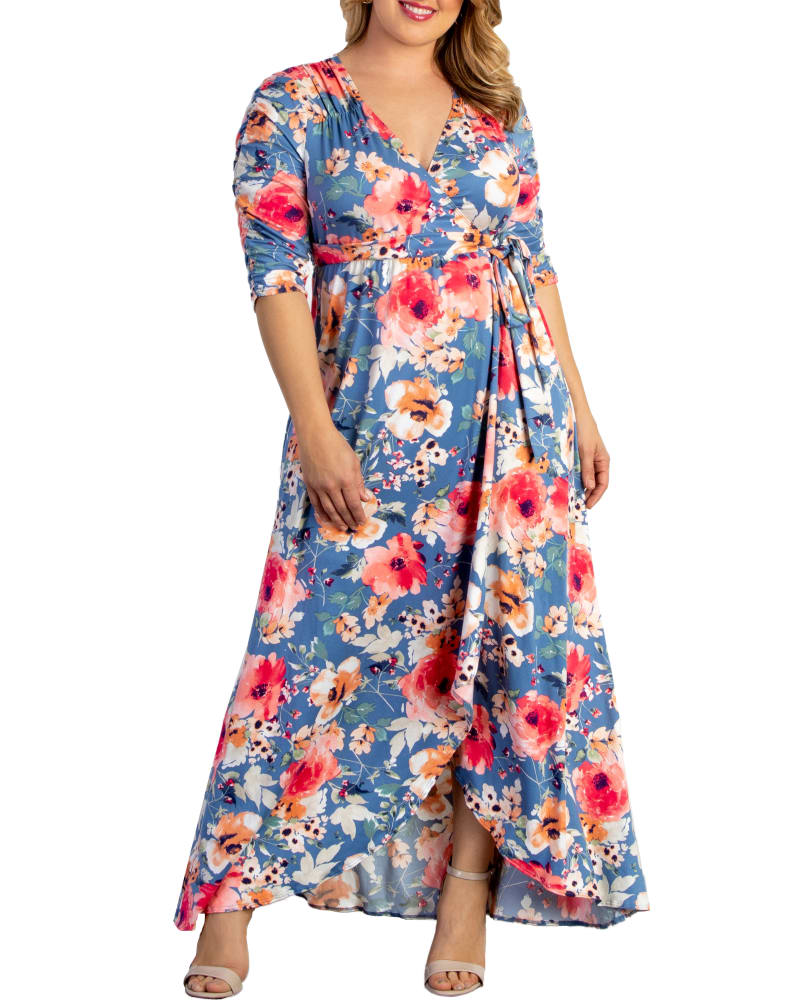 Front of a model wearing a size 0X Meadow Dream Maxi Dress in DAYDREAM BLUE BOUQUET by Kiyonna. | dia_product_style_image_id:279196